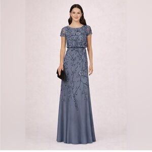 Adrianna Papell Beaded Mesh Gown Size 16 Slate Blue Floral Evening Dress Plus